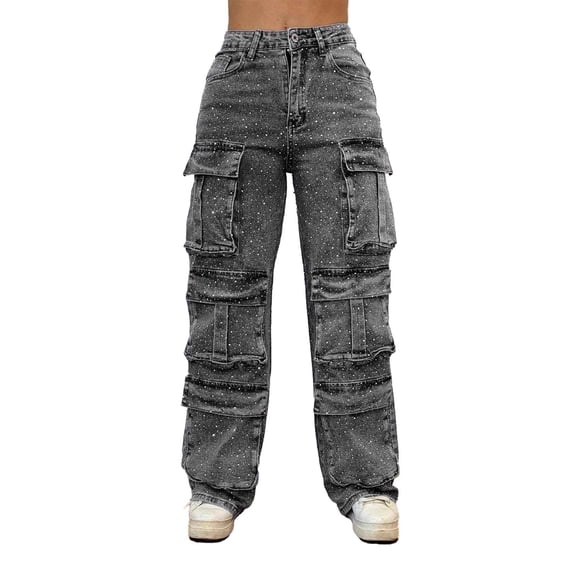 High Waisted Rhinestone Jeans For Women Fashion Pocket Full Length Denim Pants
