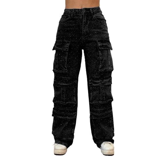 High Waisted Rhinestone Jeans For Women Fashion Pocket Full Length Denim Pants