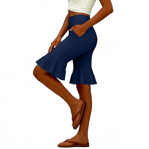 High Waisted Ruffle Hem Yoga Shorts - Women's Flared Knee Length Shorts with Pockets Breathable High Waisted Ruffle Hem Yoga Shorts for Dance Casual Wear Navy XL
