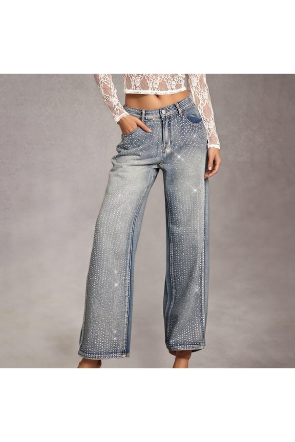 High Waisted Sequin Jeans for Women Straight Wide Leg Casual Baggy Denim Pants