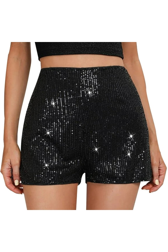 High Waisted Sequin Shorts for Women Elastic Straight Leg Sparkly Glitter Party Shorts