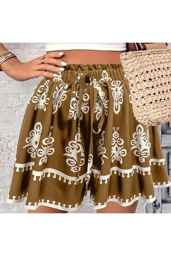 High Waisted Shorts Women Floral Printed Wide Leg Shorts Drawstring Flowy Casual Beach Boho Short Pants 2026 Camel XL