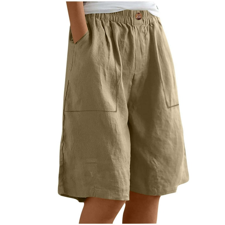 FAIWAD High Waisted Shorts for Women Knee Length Cotton Linen