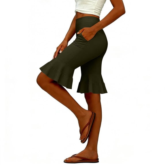 High Waisted Shorts for Women Ruffled Flare Leg Knee Length Yoga Workout Casual Short Leggings with Pockets (L, Army Green)