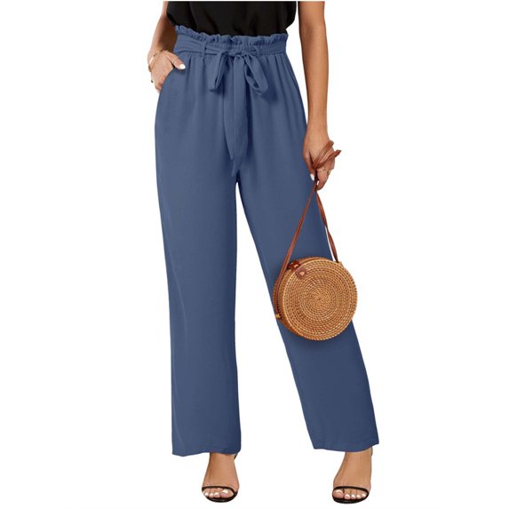 High Waisted Solid Color Women Elastic Waist Wide Leg Pants Trousers With Pocket