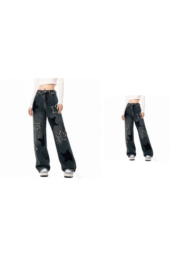 High Waisted Star Patchwork Straight Leg Loose Drape Floor Length Jeans for Women Casual Preppy Fashion Denim Pants