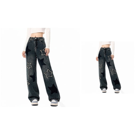 High Waisted Star Patchwork Straight Leg Loose Drape Floor Length Jeans for Women Casual Preppy Fashion Denim Pants