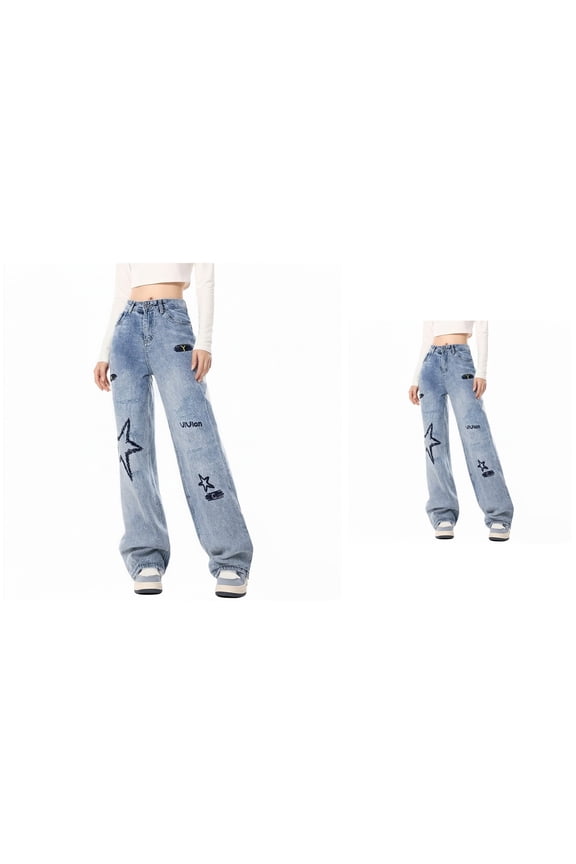 High Waisted Star Patchwork Straight Leg Loose Drape Floor Length Jeans for Women Casual Preppy Fashion Denim Pants