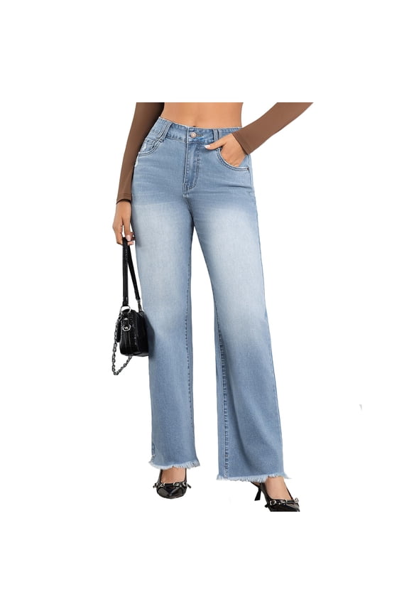 High Waisted Straight Leg Jeans Trendy Stretchy Baggy Jean Y2k Frayed Raw Hem Ripped Distressed Jean Ankle Denim Pants with Pockets Travel Cropped Pants Cowgirl Outfits Boyfriend Jeans for Women