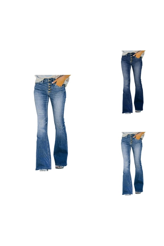 High Waisted Stretch Flare Jeans for Women Bell Bottom Bootcut Denim Trousers with Button Closure, Casual Tapered Fit