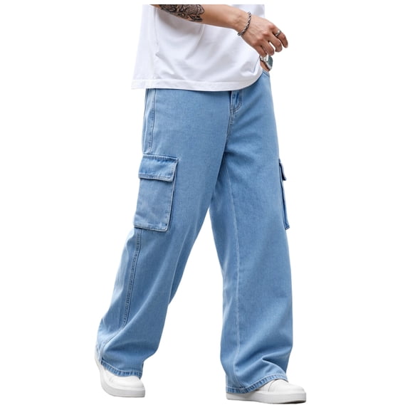 Smawell Men's Wide Leg Cargo Jeans, Light Wash Denim Pants
