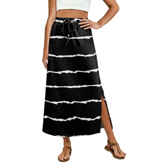 High Waisted Striped Maxi Skirt, Casual Flowy Side Slit Long Skirt with Pockets, Elastic Waist Drawstring Summer Beach Bottoms