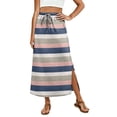 thumbnail image 1 of High Waisted Striped Maxi Skirt, Casual Flowy Side Slit Long Skirt with Pockets, Elastic Waist Drawstring Summer Beach Bottoms, 1 of 6