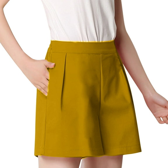 High Waisted Suit Shorts Pants Womens Pleated Solid Straight Leg Back Elastic Waist Dressy Shorts with Pocket Workwear Yellow,XL