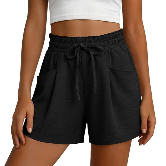 High Waisted Summer Shorts for Women Casual Drawstring Waist Stretchy Polyester Straight Leg Shorts with Pockets, Black, xxl