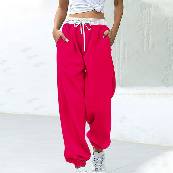 High Waisted Sweatpants For Women Fashion Color Blocked Printed Drawstring Baggy Joggers Pants Hot Pink XL