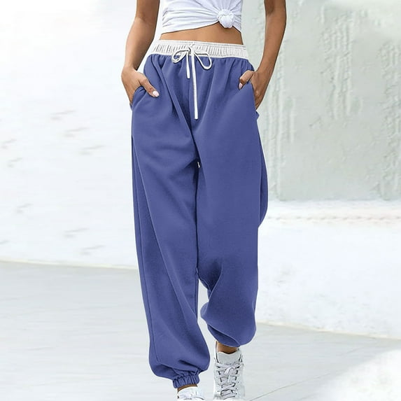 High Waisted Sweatpants For Women Fashion Color Blocked Printed Drawstring Baggy Joggers Pants Navy S