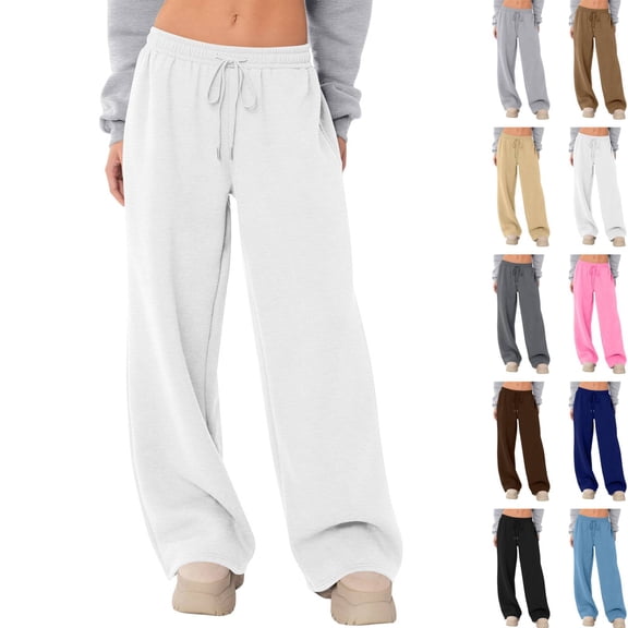 High Waisted Sweatpants Women Wide Leg Fleece Lined Baggy Joggers Drawstring Lounge Pants Cozy Casual Sweat Pants for Women Spring White M