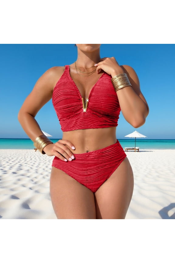 High Waisted Swimsuits for Women 2 Piece Push Up Bikini Sets Metallic V-Neck Hook Back Ruched Pleated Bathing Suits