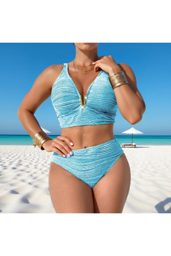 High Waisted Swimsuits for Women 2 Piece Push Up Bikini Sets Metallic V-Neck Hook Back Ruched Pleated Bathing Suits