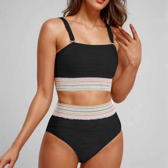 High Waisted Swimsuits for Women Bodycon Bikini Set Adjustable Strap bandeau Swim Top Full Coverage Swimwear Bottom