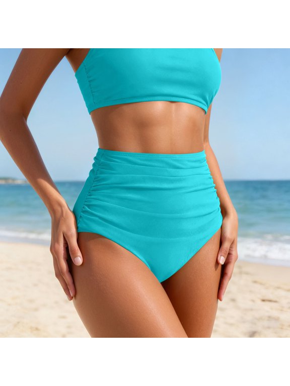 High Waisted Swimwear Bikini Bottoms for Triangle Beach Pool Swim Pants Light Blue S