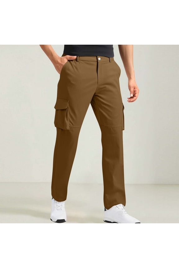 High Waisted Trousers Men, Man Solid Color Casual Multi Pocket Zipper Button Work Pants Full Length Trousers New Casual Pants for Men Trendy Brown XL
