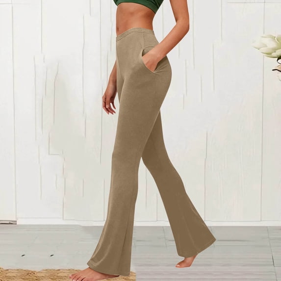 High Waisted Tummy Leggings New Women's Solid Color Casual Stretch Yoga Leggings Running Gym Sports Active Yoga Length Trumpet Pants Style B-6 Khaki XL