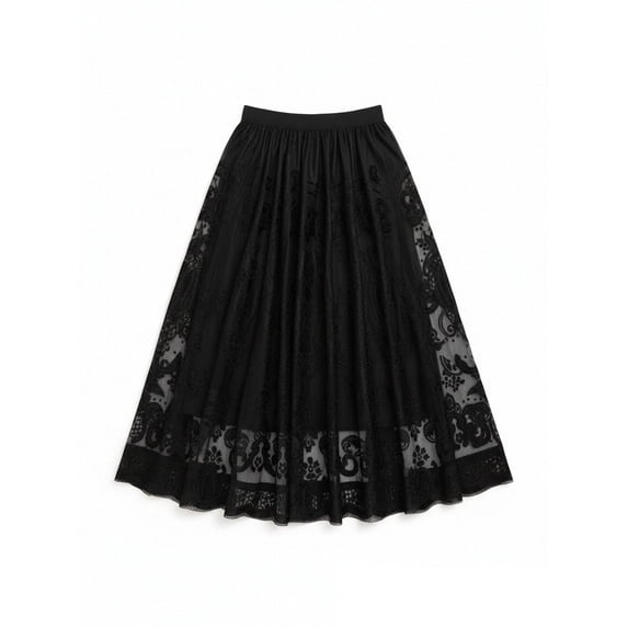 Women's Black High Waisted Heavyweight Floral Lace A-Line Flared Evening Maxi Skirt for Formal Gala Wedding Guest and Cocktail Party