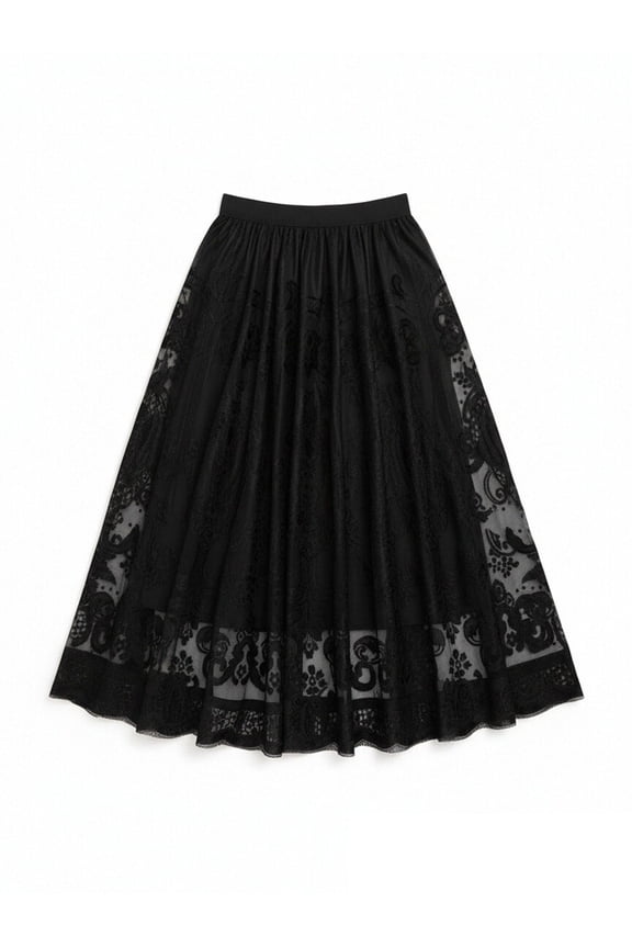 High Waisted Ultra Heavyweight Floral Lace Maxi Skirt Elegant A Line Flared Evening Skirt with Scalloped Hem for Formal Gala Wedding Guest and Party