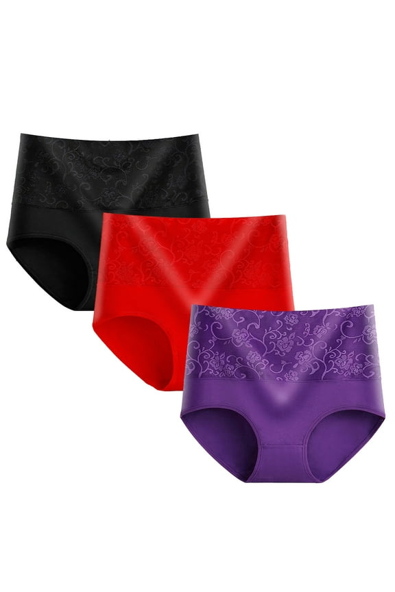 High Waisted Underwear for Women 3 Pack Women Cotton High Waisted Underwear Panty Stretch Tummy Panties Lace Waisted Full Cover Underpant Briefs Silk Panties Purple L