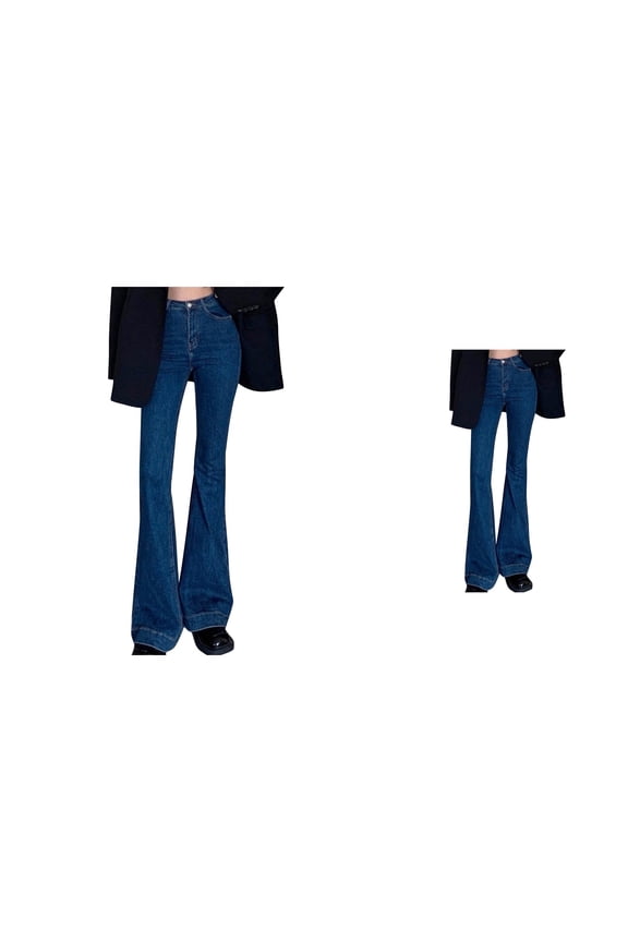 High-Waisted Vintage Flare Jeans Tailored Stretch Denim with Slight Distressing, Fitted Through & Thigh, Wide Bell Bottom Leg