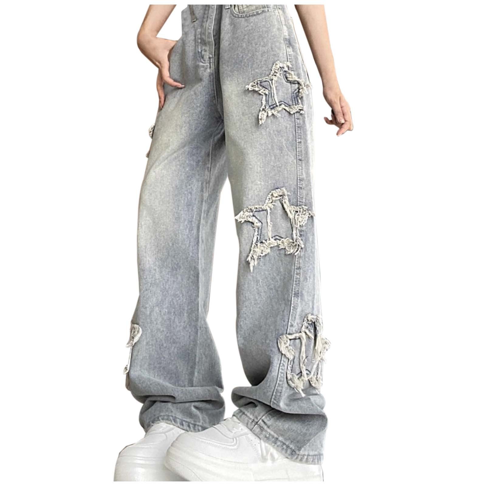 Star Print Washed Drawstring High Waist Wide Leg Jeans