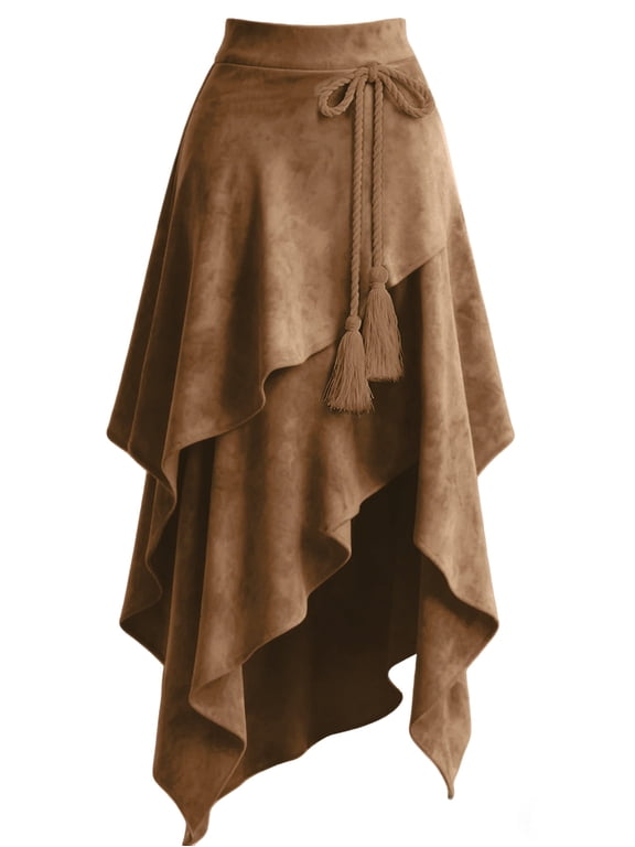 High Waisted Western Cowgirl Skirt, Asymmetrical Fringed Midi Skirt for Women, Vintage Boho Flowy Asymmetric Hem with Tassel Tie in Khaki & Brown