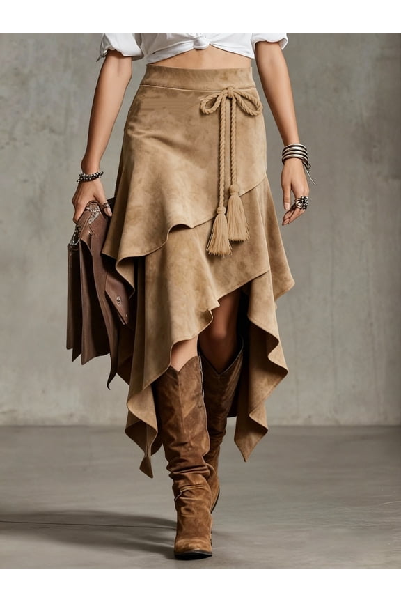 High Waisted Western Cowgirl Skirt, Asymmetrical Fringed Midi Skirt for Women, Vintage Boho Flowy Asymmetric Hem with Tassel Tie in Khaki & Brown