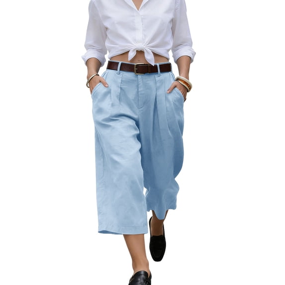 High Waisted Wide Leg Beach Casual Capri Pants For Women Summer Flowy Relaxed Fit Pocketed Comfortable Vacation Lounge Everyday Style Breathable