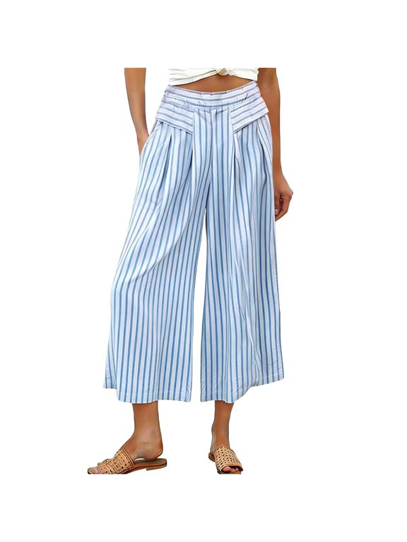 High Waisted Wide Leg Capris for Women Ribbed Elastic Waist Cropped Trousers with Pockets Casual Loose Flat Front Elastic Back Crop Pants, Light Blue, XL
