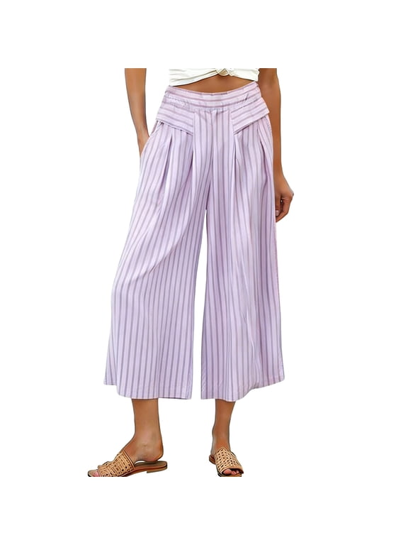 High Waisted Wide Leg Capris for Women Ribbed Elastic Waist Cropped Trousers with Pockets Casual Loose Flat Front Elastic Back Crop Pants, Purples, XL