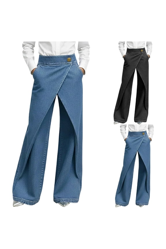 High-Waisted Wide-Leg Denim Pants with Cross-Over Front Design for Women - Stretchy Office Chic & Weekend Brunch Trousers, Button Closure & Side Pockets Blue S