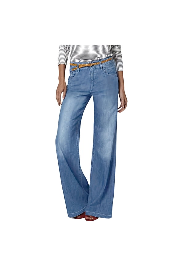 High Waisted Wide Leg Jeans for Women, Vintage Stretchy Straight Flare Leg Elastic Waist Boot Cut Denim Pants Blue M