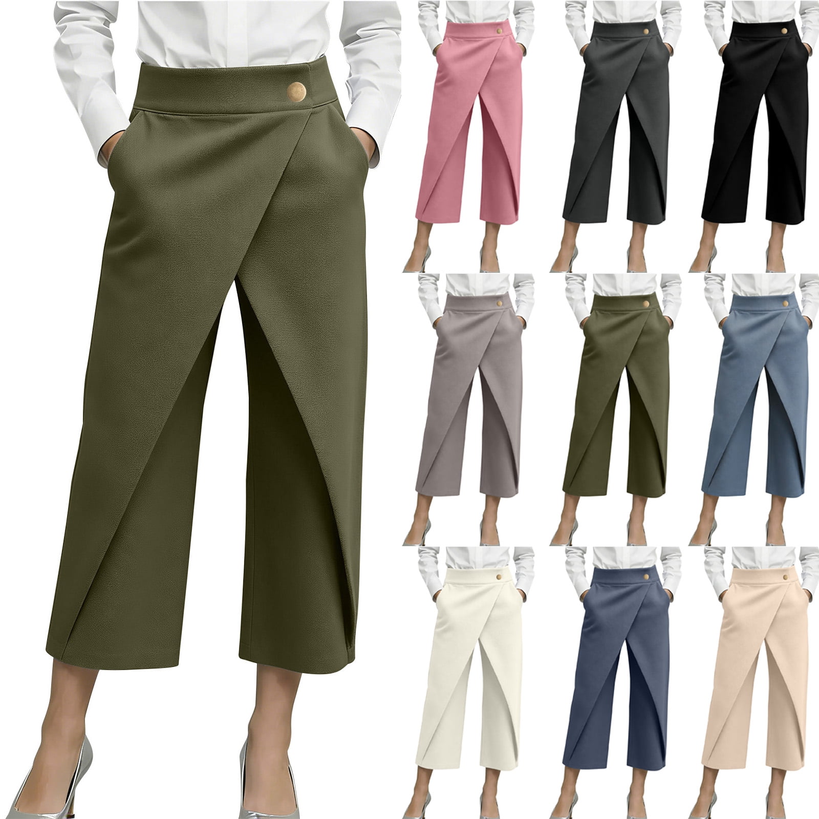 High-Waisted Wide-Leg Pants with Asymmetrical Wrap Front for Women