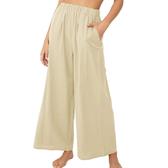 High Waisted Wide Leg Pants Straight Pure Color Elastic Waisted Wide Leg Trousers for Women Lady Khaki M