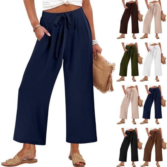 High Waisted Wide Leg Pants for Women Palazzo Trousers Gauze Casual Beach Travel Lounge Flowy Pant Summer 2026 Navy L 26/27"