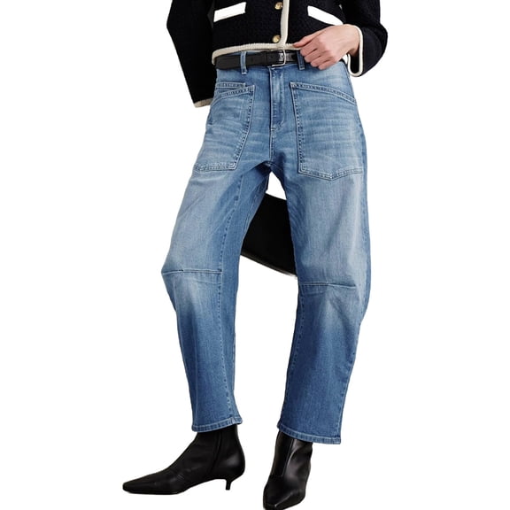 High Waisted Wide Leg Vintage Denim Pants Women Baggy Barrel Horseshoe Jeans