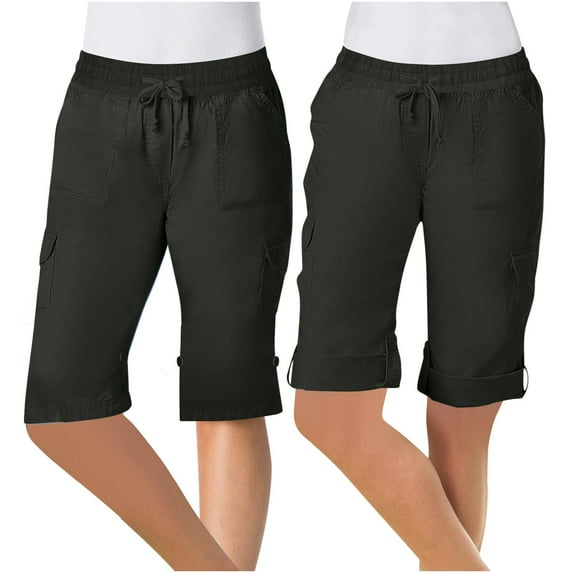 High-Waisted Women’s Shorts Dgankt Women Fashionable Solid Color Multi Pocket Casual Drawstring Workwear Straight Leg Capris Knit Shorts Women