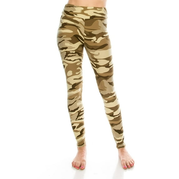 High Waisted Women's Yoga Patterned and Solid Colored Leggings - One Size Desert Camo