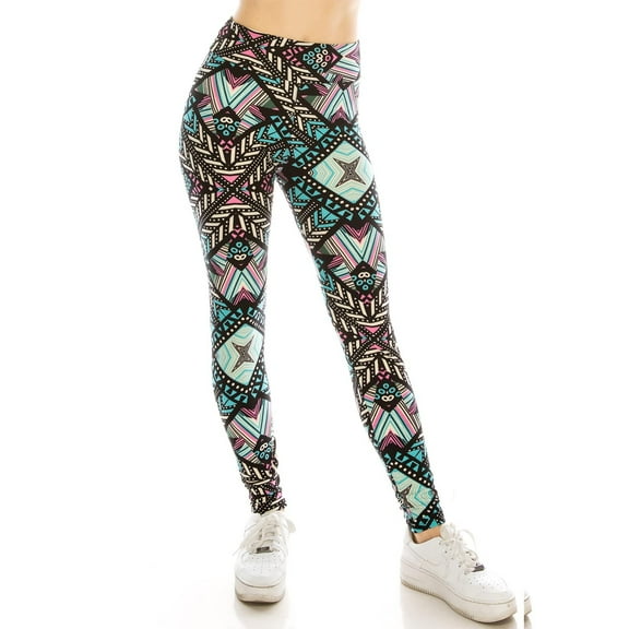 High Waisted Women's Yoga Patterned and Solid Colored Leggings - Plus Size Pastel Aztec