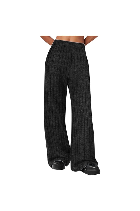High Waisted Work Pants for Women Business Casual Outfits Office Dress Pants Trousers with Pockets Women Wide Leg Loose Lounge Travel Vacation Clothes Women's Ribbed Knit Lightweight Pants
