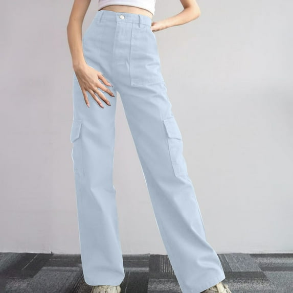 High Waisted Work Pants for Women Women's New Four Season Casual Solid Color 4 Pockets Versatile And Hanging Straight Leg Suit Pants Long Pants Light Blue 3XL