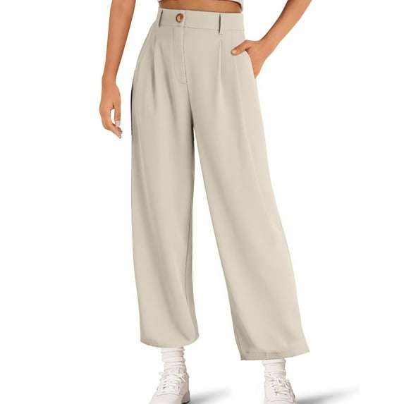 High Waisted Work Pants for Women Women's Solid Color Slicker Slim Slim Pocket High Waist Wide Leg Pants With Belt Wide Leg Casual Suit Pants Ndbuld Beige M